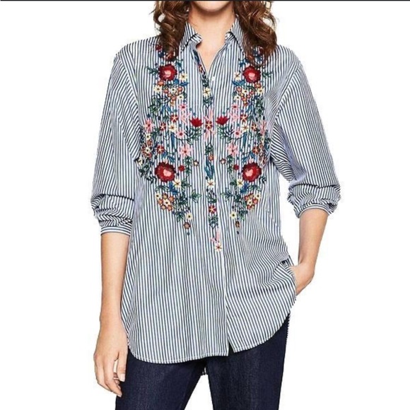 Zara oversized poplin stripe embroidery floral shirt - Picture 4 of 11